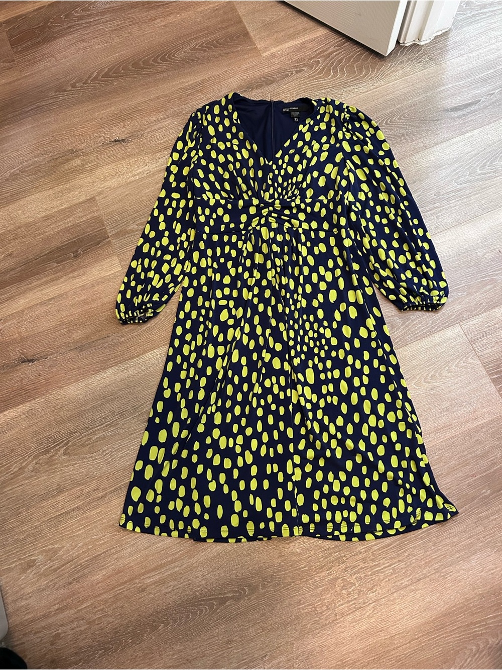Maggy London Navy & Lime Green Polka Dot Midi Dress